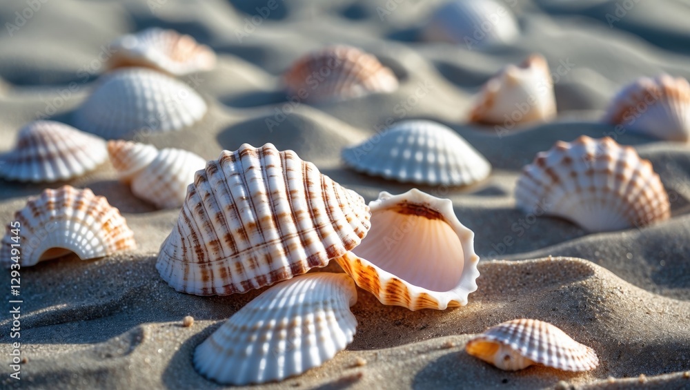Poster seashells scattered on soft sandy beach showcasing intricate designs and textures under warm sunligh