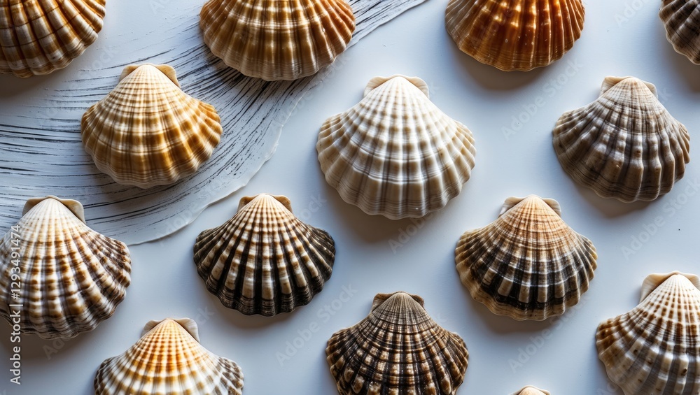 Poster collection of textured cockleshells arranged on a light background showcasing marine beauty and natu