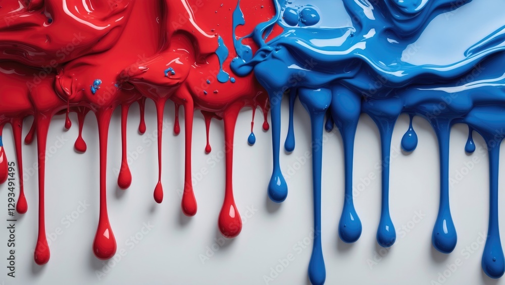 Poster vibrant red and blue paint dripping artfully onto a white surface creating a dynamic and colorful ab