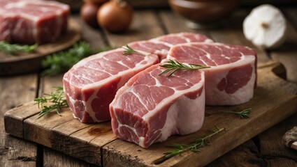 Fototapeta premium Fresh Pork Chops on Wooden Cutting Board with Herbs and Vegetables in Rustic Kitchen Setting