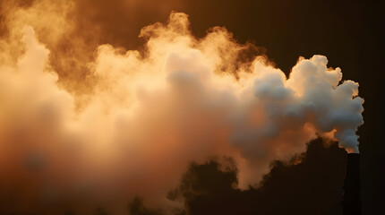 A thick plume of smoke or steam billows from an industrial chimney, illuminated by warm golden light. The contrast between the dark background and the glowing cloud creates a dramatic effect.