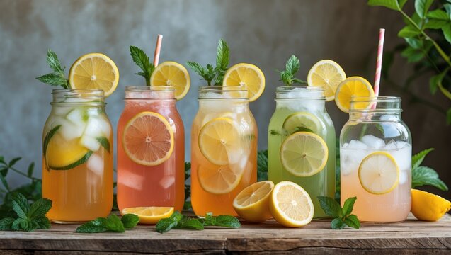 Refreshing Variety of Summer Lemonades in Stylish Glass Jars with Garnishes and Mint on Wooden Table