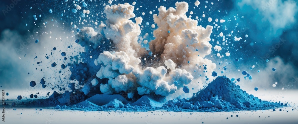 Poster blue dust particle explosion creating an abstract cloud effect on a white background, showcasing vib