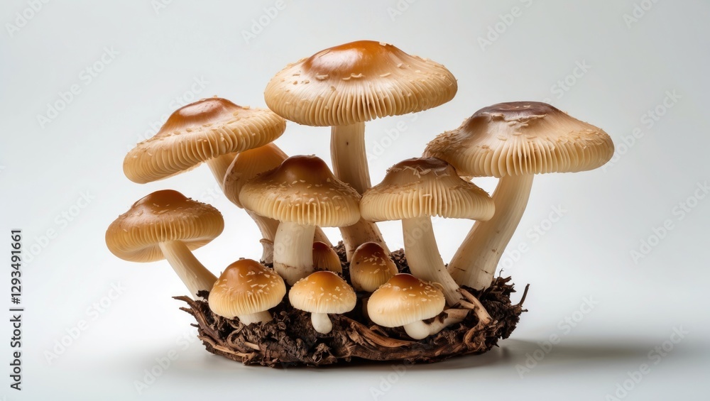 Poster variety of fresh shiitake mushrooms arranged on a textured surface showcasing their unique shapes an