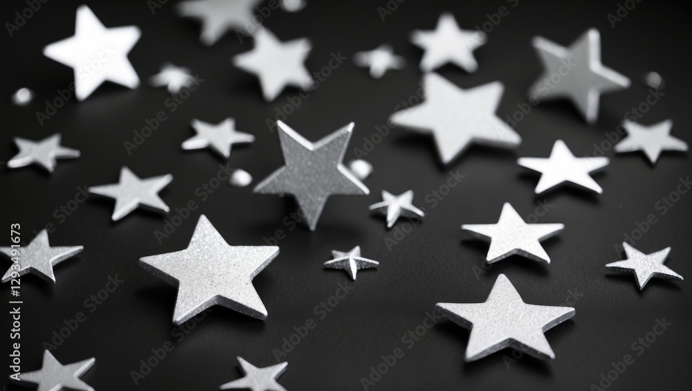 Poster scattered silver stars on a smooth black background creating a festive and elegant decorative scene.