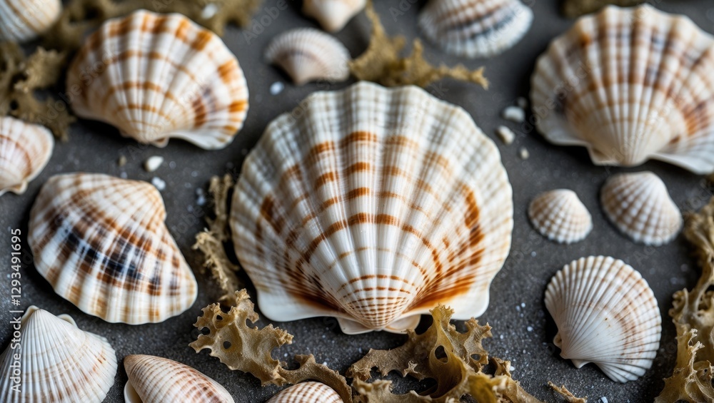 Aufkleber Various seashells arranged artistically on textured surface with dry algae creating a coastal marine life aesthetic for background use.
