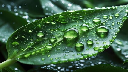 Close-up of fresh green leaf with crystal clear water droplets showcasing nature's beauty and vibrant colors in a tranquil setting.