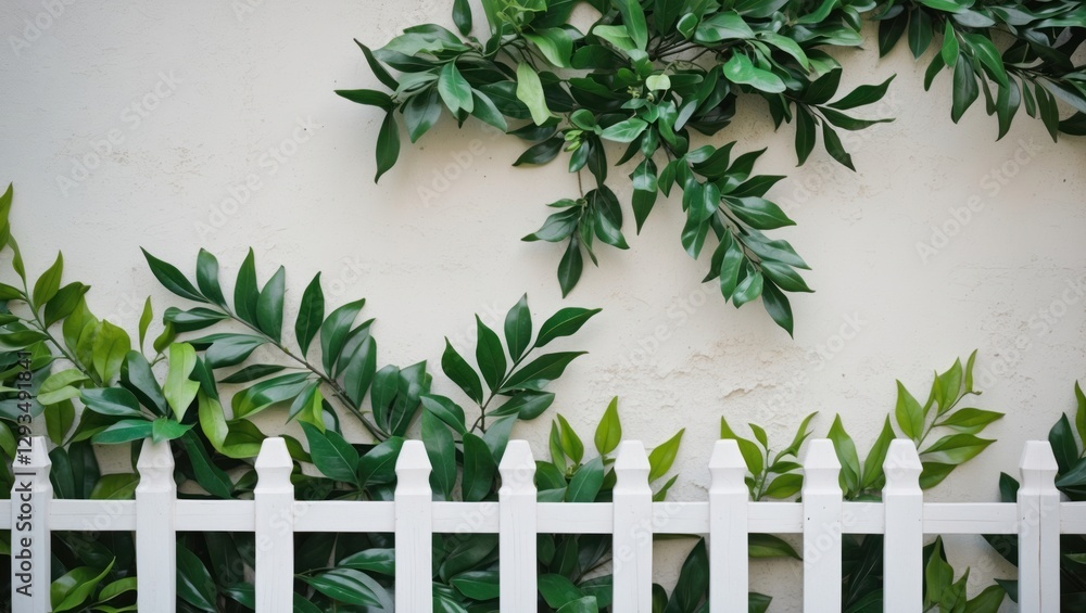 Poster artificial green leaves cascading on a textured wall above a charming white picket fence creating a 