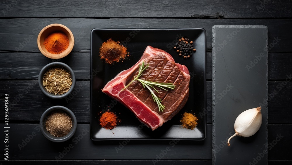 Poster raw steak and spices on black plate with slate background and empty space for text in culinary prese