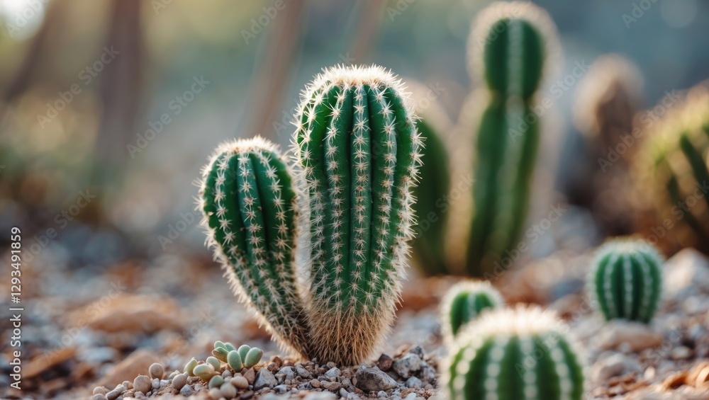 Poster green cactus plant with spines in natural setting and blank space for text overlay or promotional co