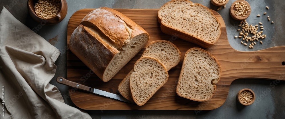 Poster sliced whole wheat bread on wooden board with napkin and grain seeds in rustic setting flat lay culi