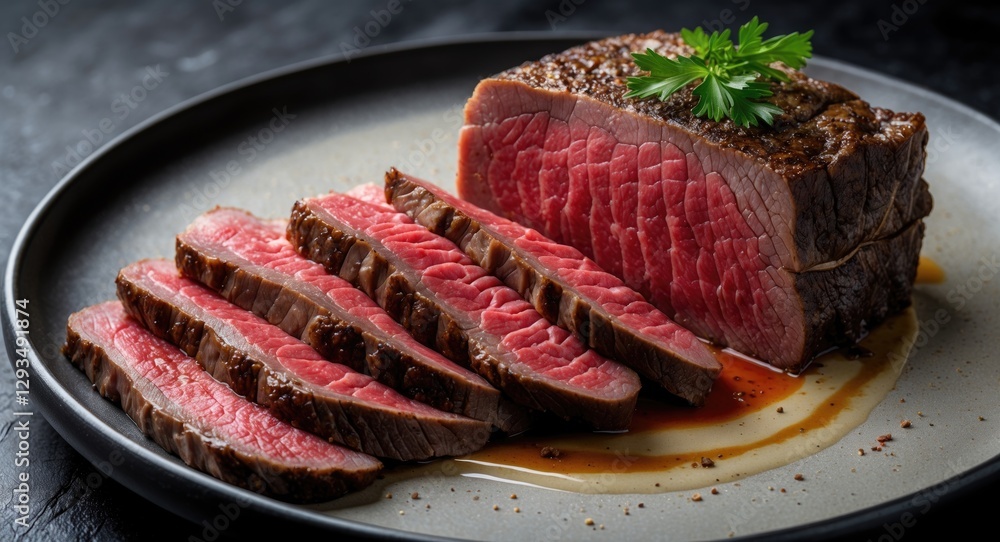 Poster sliced wagyu beef served on plate with juicy texture and fresh garnish perfect for culinary advertis