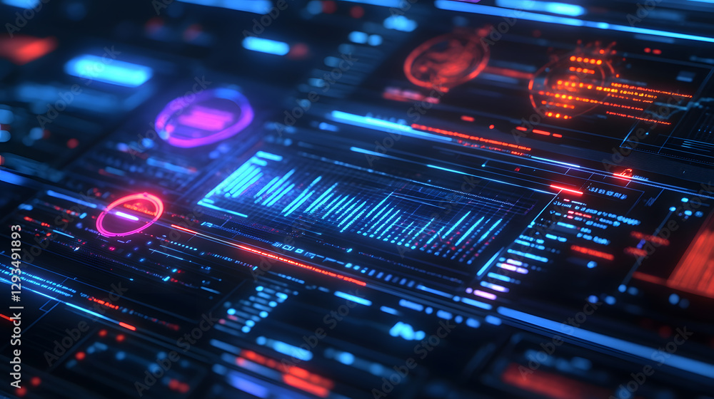 Poster innovative holographic fintech interface digital workspace graphic design tech environment close-up 