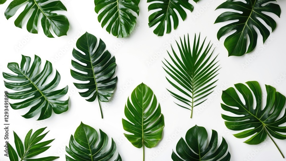 Aufkleber Tropical leaves isolated on a white background creating an elegant pattern with ample space for text or design elements.