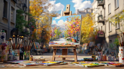 Fototapeta premium Colorful painting on easel surrounded by paintbrushes and vibrant autumn scenery in a busy outdoor setting