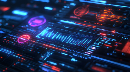 Obraz premium Innovative holographic fintech interface digital workspace graphic design tech environment close-up view future finance visualization