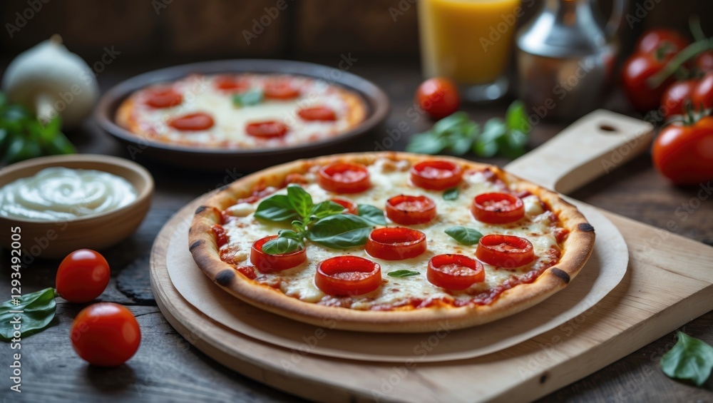 Poster delicious mini pizza with fresh tomatoes and basil on wooden table surrounded by ingredients and dri