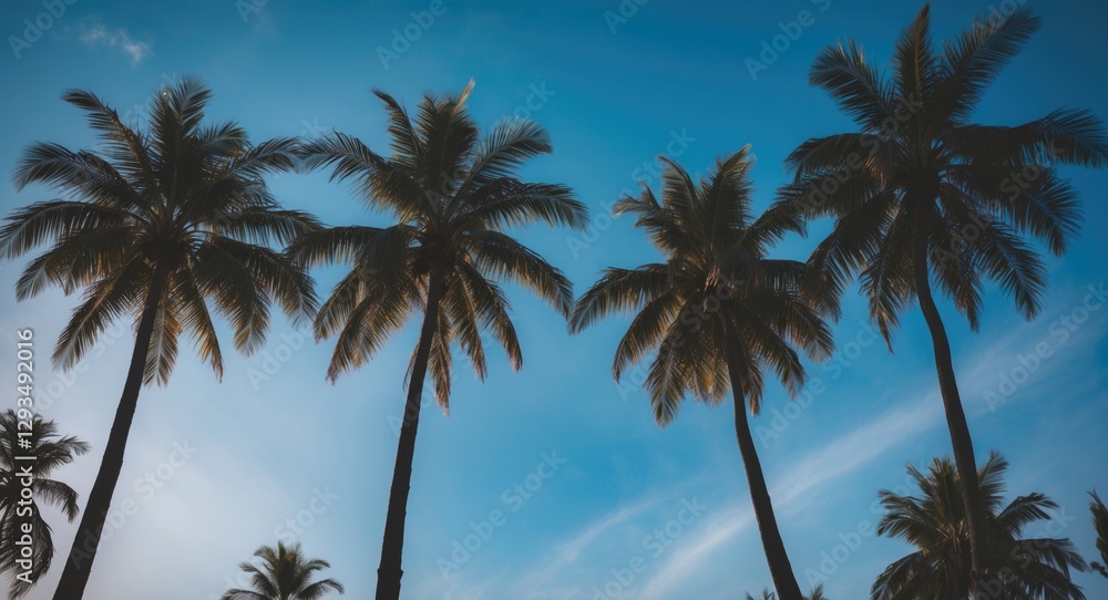 Poster Silhouetted Palm Trees Against Vibrant Blue Sky Creating Space for Text or Graphics in Tropical Environment