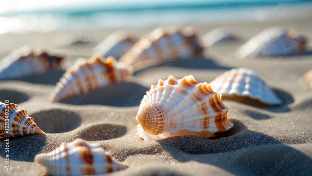 Aufkleber Seashells Lying on Sandy Beach with Natural Ocean Background in Soft Focus Ð´Ð»Ñ ÑƒÐºÑ€Ð°ÑˆÐµÐ½Ð¸Ñ Ð¸Ð½Ñ‚ÐµÑ€ÑŒÐµÑ€Ð° Ð¸Ð»Ð¸ Ð¾ÐºÐµÐ°Ð½ÑÐºÐ¸Ñ… Ñ‚ÐµÐ¼Ð°Ñ‚Ð¸ÐºÐ¸