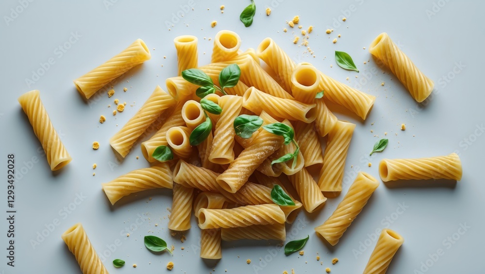 Poster italian rigatoni pasta styled with fresh basil on a minimalistic white background showcasing culinar