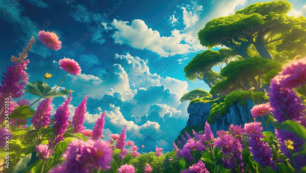 Poster vibrant landscape with colorful flowers under a bright sky and lush green trees creating a serene an