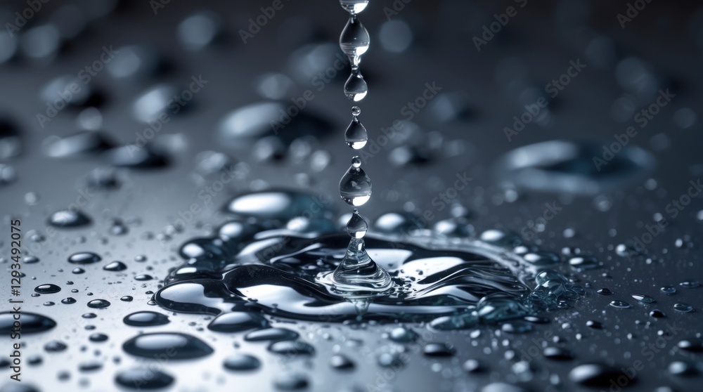 Poster macro shot of water droplets cascading on a reflective metallic surface showcasing intricate pattern