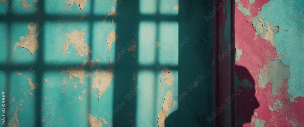 Poster Abstract shadow on a weathered wall highlighting faded paint textures and sunlight filtering through window panes in an artistic composition.