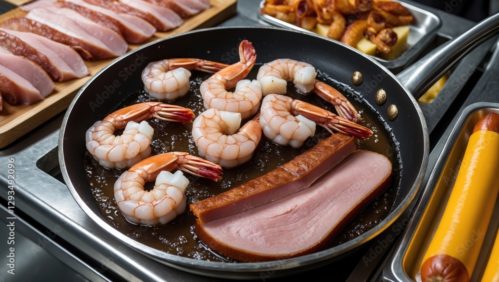 Poster seafood and meat medley in hot pan on buffet table with empty space for text ideal for culinary prom