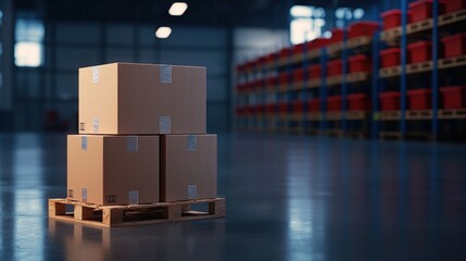 A stack of cardboard boxes on a pallet in a spacious warehouse with shelves filled with red containers in the background.cargo management warehouse scheduling