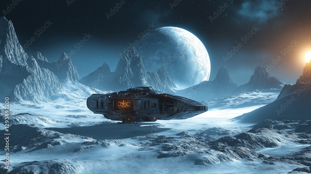 Poster a spaceship landing on an ice-covered exoplanet.
