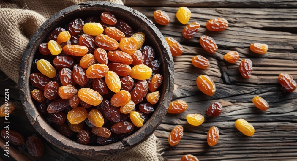 Poster bowl of assorted raisins on rustic wooden table with scattered raisins and burlap fabric in a top vi