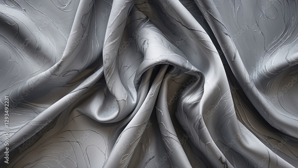 Aufkleber Elegant gray silk fabric texture with abstract patterns, perfect for backgrounds and design projects, showcasing intricate folds and drapes.