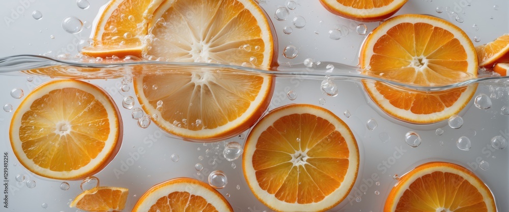 Aufkleber Fresh orange slices floating in water with bubbles creating a refreshing and vibrant summer feel in a minimalistic setting.