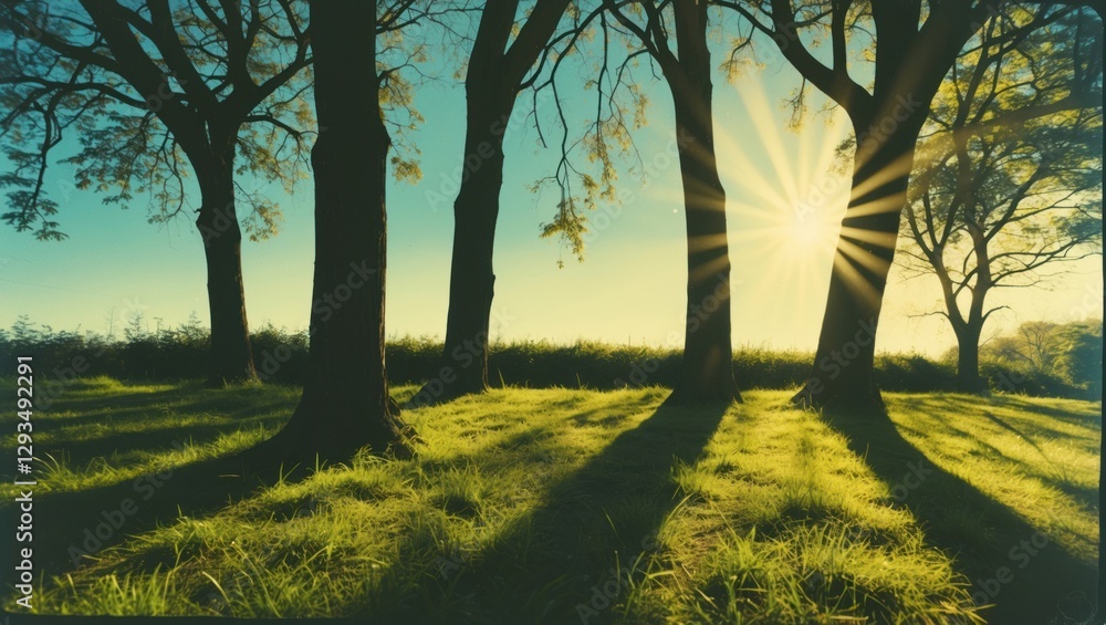 Poster Sunlight filtering through trees casting long shadows on lush green grass creating a serene and tranquil outdoor scene.
