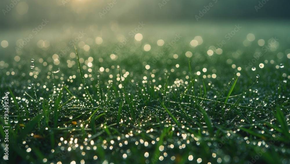 Aufkleber Morning Dew Droplets on Green Grass with Soft Focus Background and Space for Text Overlay