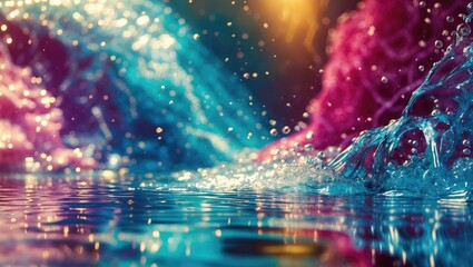 Vibrant abstract water flow background with colorful splashes and reflections creating a serene and dynamic atmosphere.