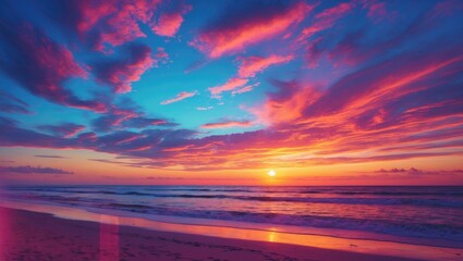 Breathtaking Sunset Over Calm Beach with Colorful Sky and Reflective Ocean Waves