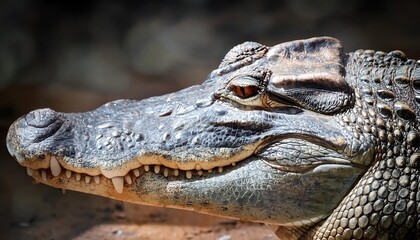 African Crocodile in Detailed Focus Majestic Reptile Basking in Savannah Sunlight, Showcasing Powerful Physique and Vivid Textures, Portraying a Sense of Anticipation.