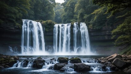 Majestic Waterfall Surrounded by Lush Trees and Rocky Riverbed in Serene Natural Landscape
