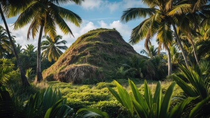 Fototapeta premium Tropical Landscape Featuring a Hummock Surrounded by Lush Palm Trees and Vibrant Greenery Under Clear Blue Skies