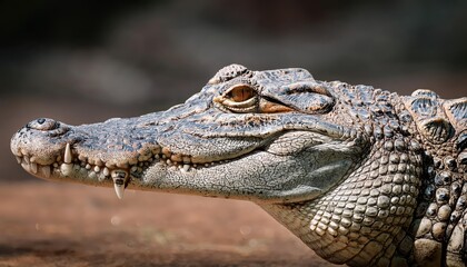 Obraz premium Majestic African Crocodile Basking in the Golden Savannah Grasslands, Capturing the Essence of Africas Wildlife Majesty, with Earthy Tones and Raw Textures.