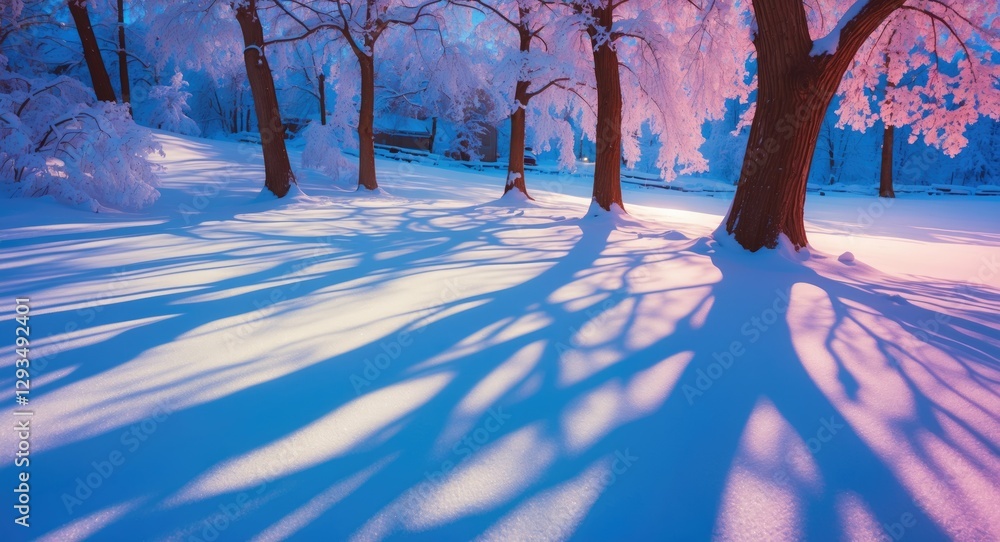 Poster Snowy winter landscape with dramatic shadows cast by trees creating a serene and tranquil scene in a winter wonderland setting.