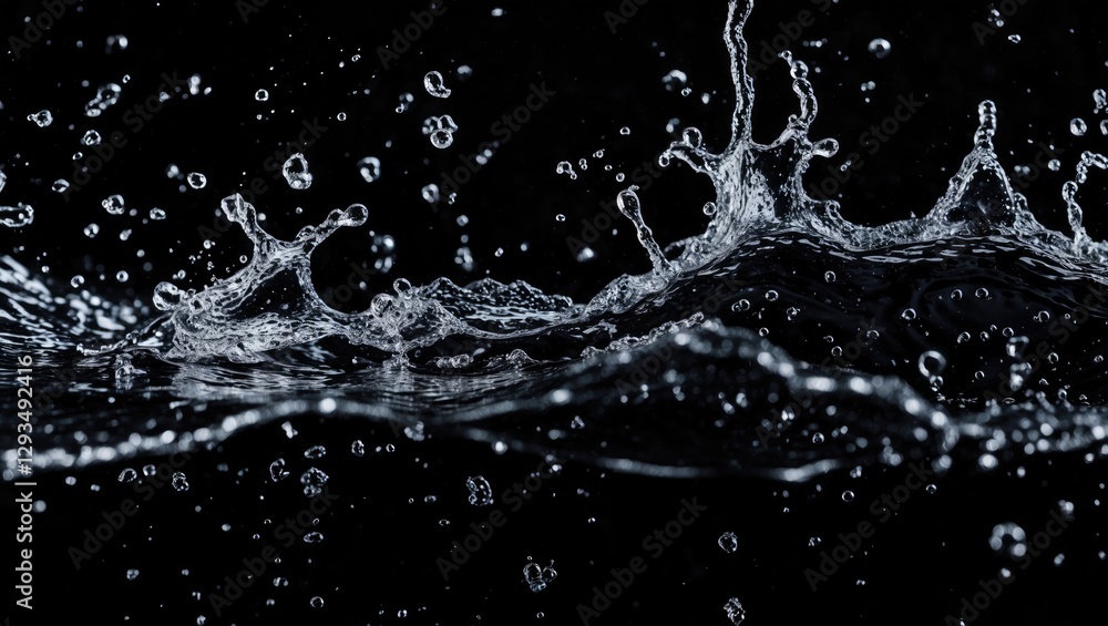 Poster dynamic water splash on black background creating an abstract texture with droplets adding depth and