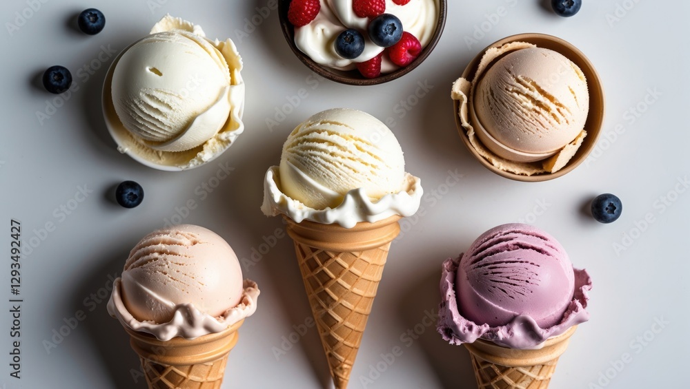 Poster Colorful assortment of ice cream scoops in cones and bowls with fresh berries on a white background, captured from a top-down perspective.