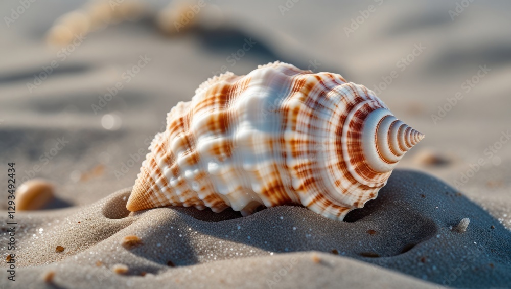 Aufkleber Elegant sea shell resting on soft sandy beach showcasing intricate patterns and textures under natural sunlight.