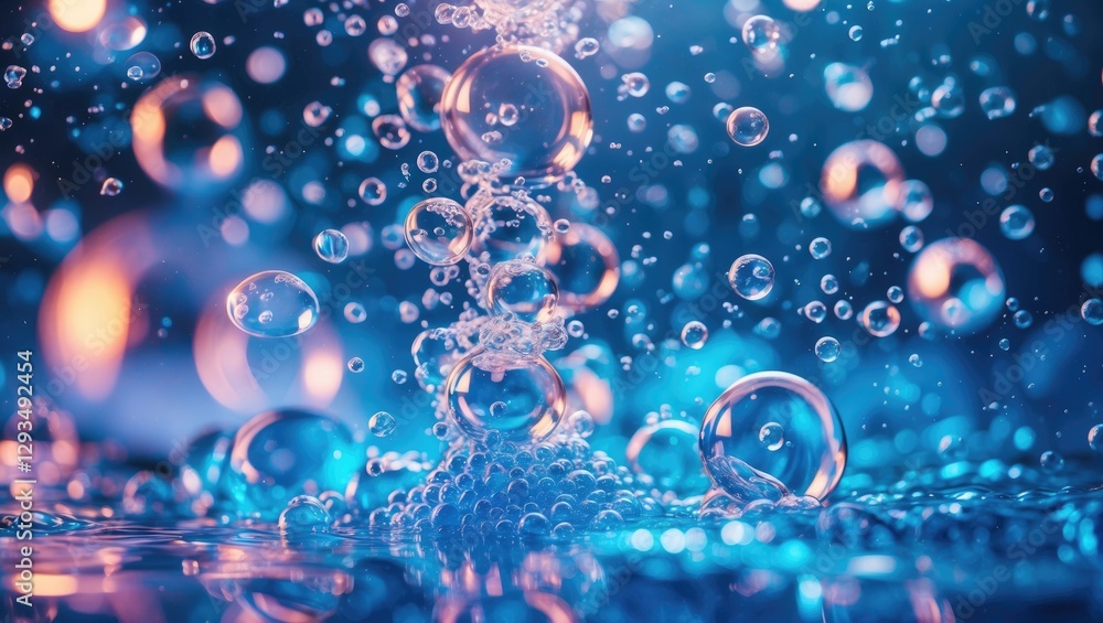 Aufkleber close-up of vibrant water bubbles rising through blue abstract background with glowing highlights cr