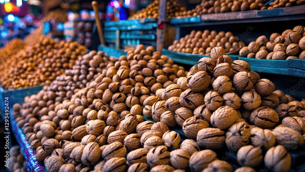 Aufkleber market display of shelled walnuts in baskets showcasing bulk varieties for sale in a vibrant and bus