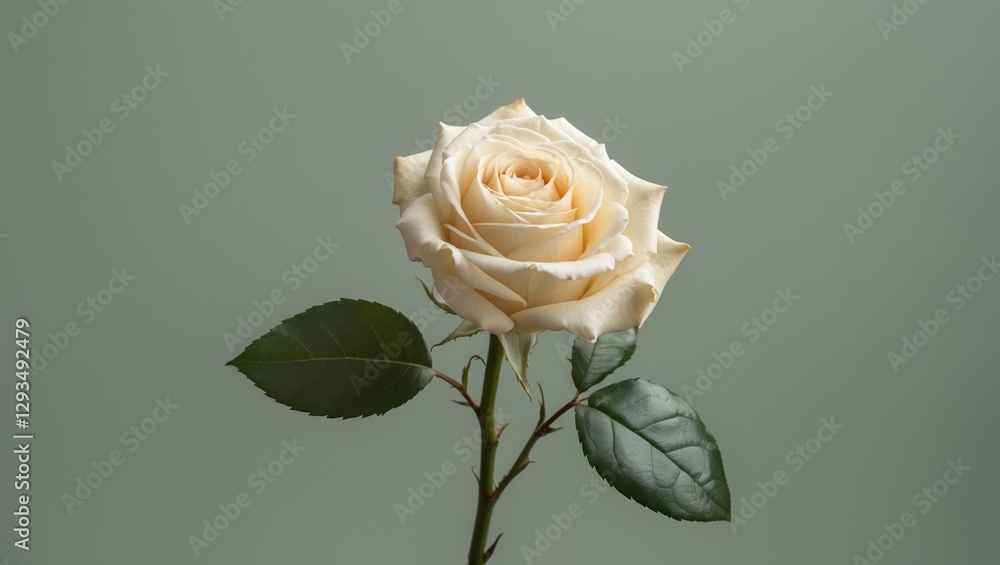Aufkleber Elegant Cream Rose with Green Leaf Isolated on Soft Background Featuring Ample Copy Space for Creative Text Use