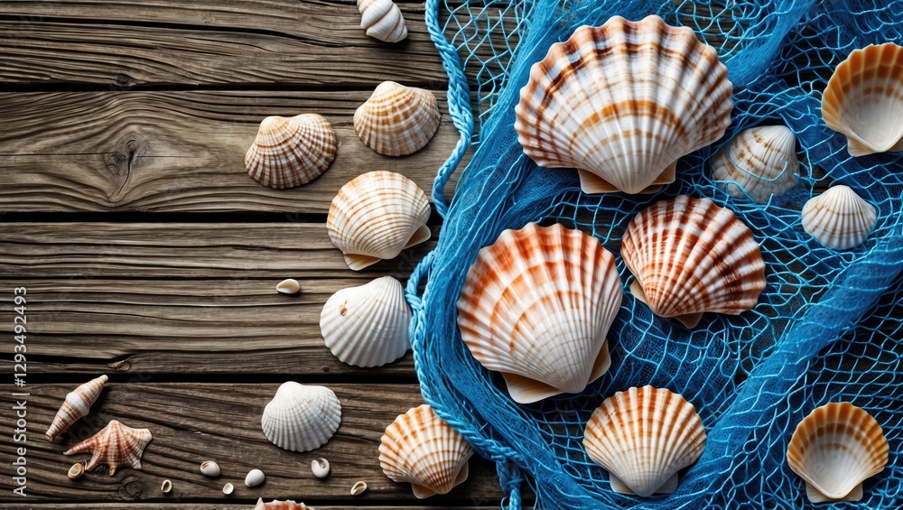 Poster seashells and blue fishing net arranged on rustic wooden surface evoking coastal vibes and beach mem