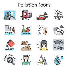 Pollution icon set in thin line style